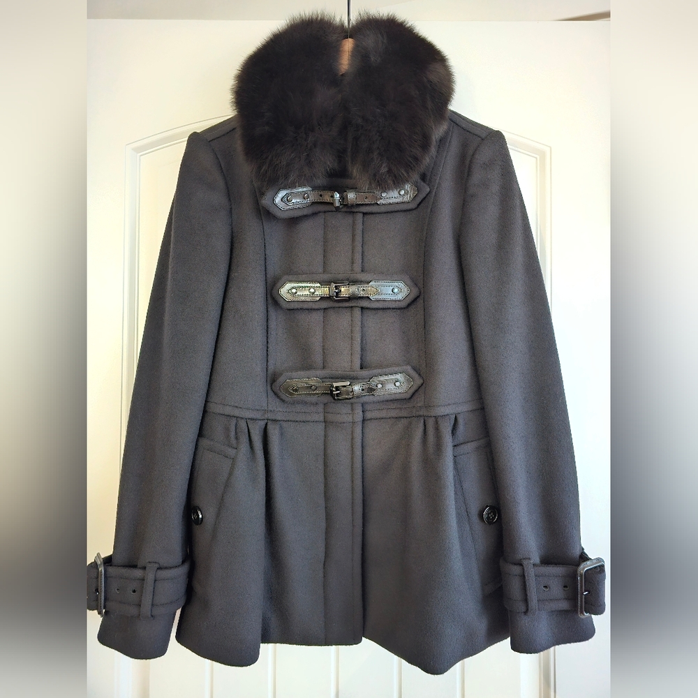 Burberry London Virgin Wool/Cashmere Fox Fur Collar Duffle Coat US Size 8